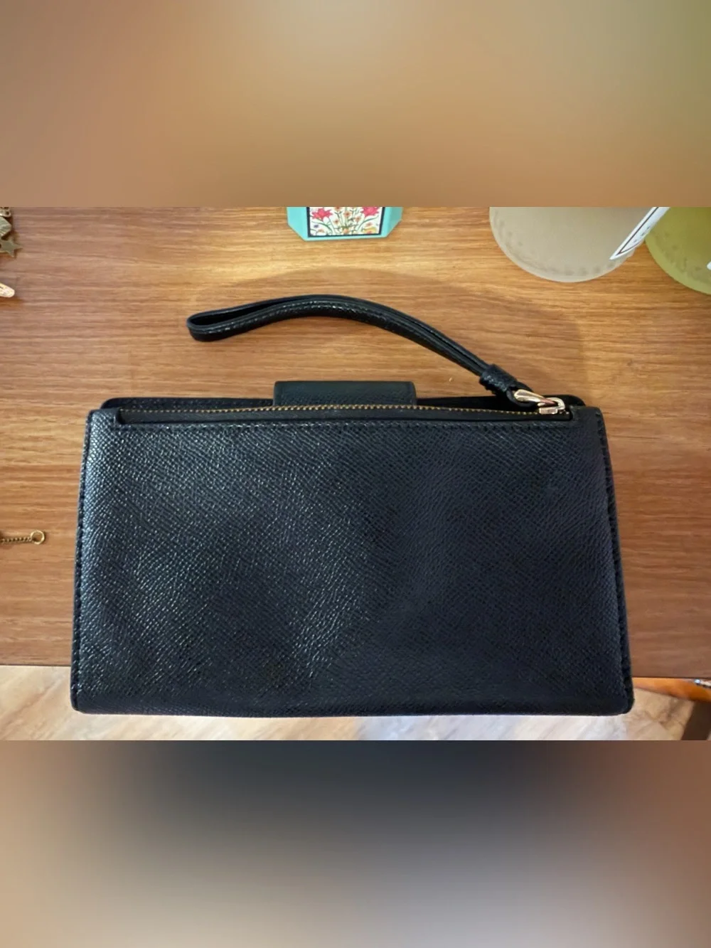 Coach Black Pebbled Leather Wristlet Wallet with Gold Logo Accent
